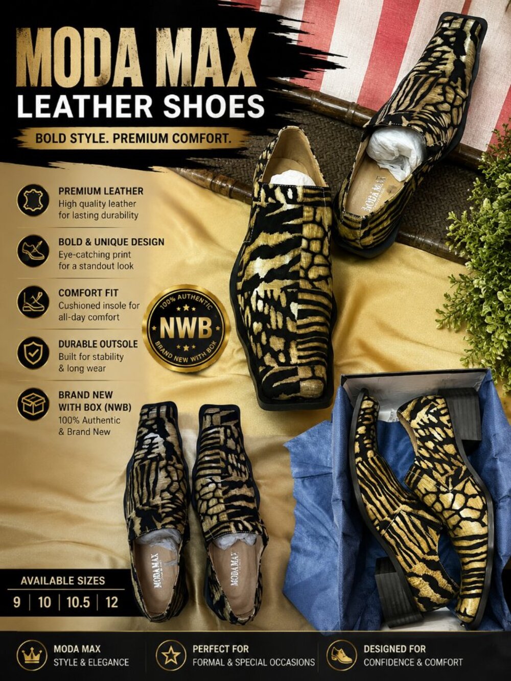 NWB Moda Max Animal Print Dress Loafers Black Gold Men's Slip-On Shoes